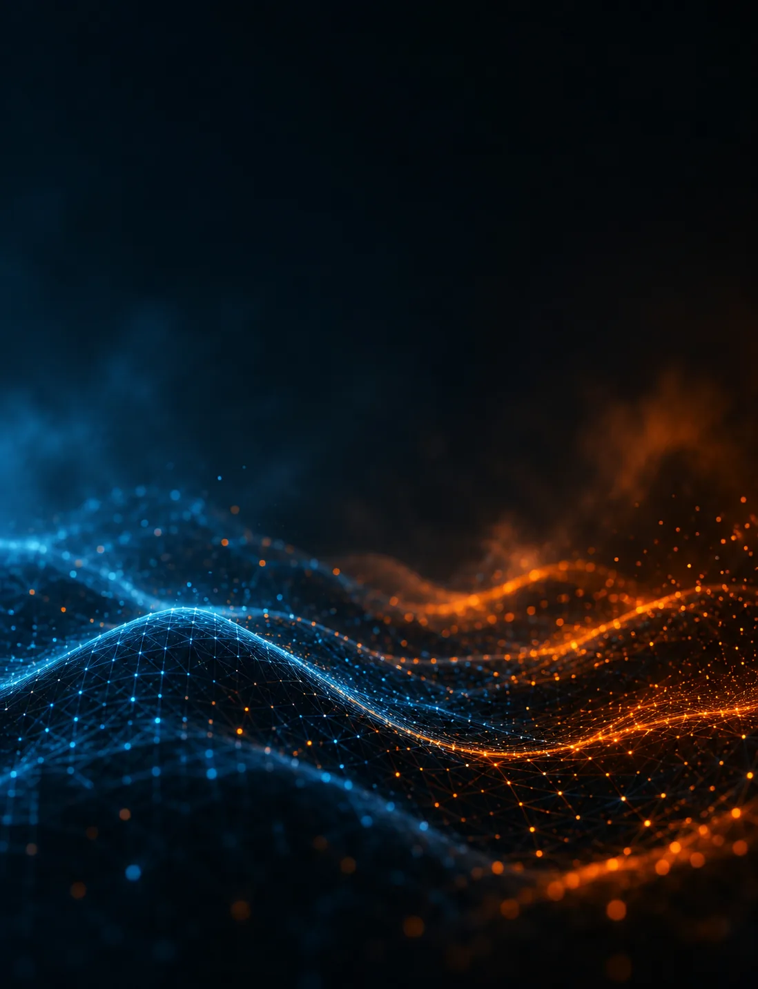 Abstract network of glowing blue and orange connected nodes