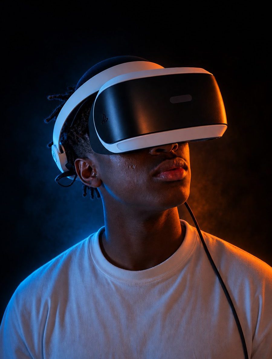 Person wearing a VR headset lit in blue and orange